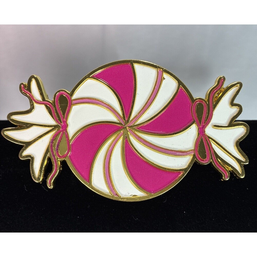 Christmas Peppermint Candy Enamel Pin Pink White Holiday Swirl Bow Brooch